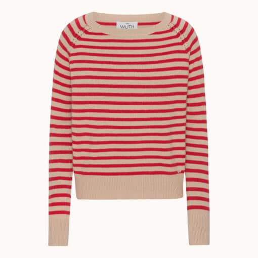 Rødstribet cashmere sweater fra Wuth Copenhagen. Deres nyeste SS23 kollektion er domineret af en dyb og flot rød farve til de kølige sommeraftener.